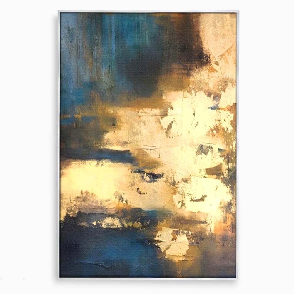 Tablou canvas cu pictura abstracta cu texturi aurii, in rama de aluminiu argintiu